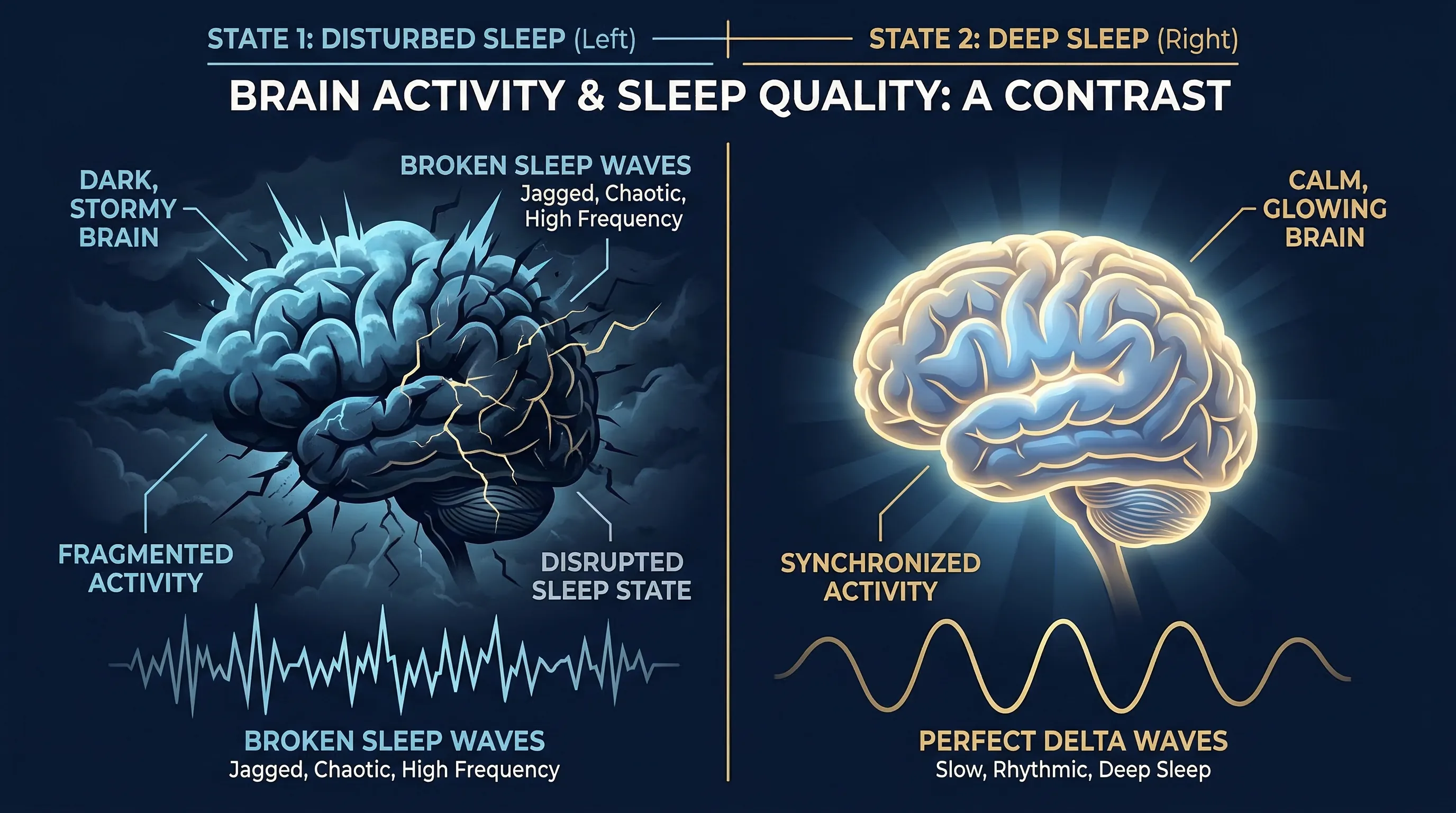 質の低い睡眠と質の高い睡眠の脳の比較イメージ
