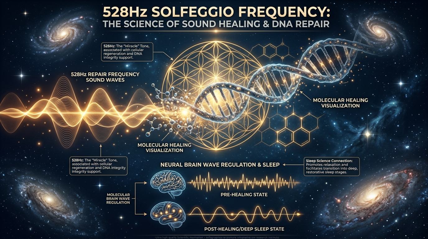 528Hz ソルフェジオ周波数 — 癒しと睡眠のイメージ