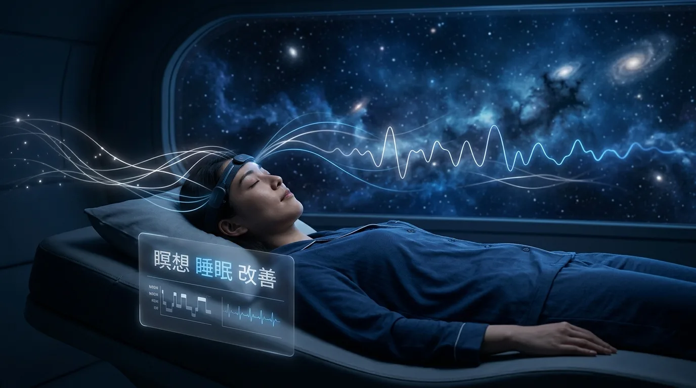 バイノーラルビートで睡眠改善 — 脳波と周波数のイメージ