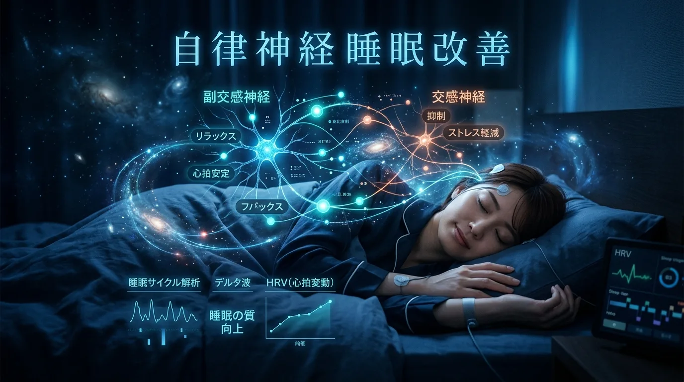 バイノーラルビートで睡眠改善 — 脳波と周波数のイメージ